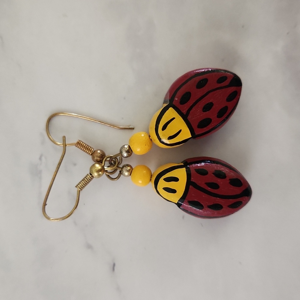 Hand Painted Ladybug Hook Earrings